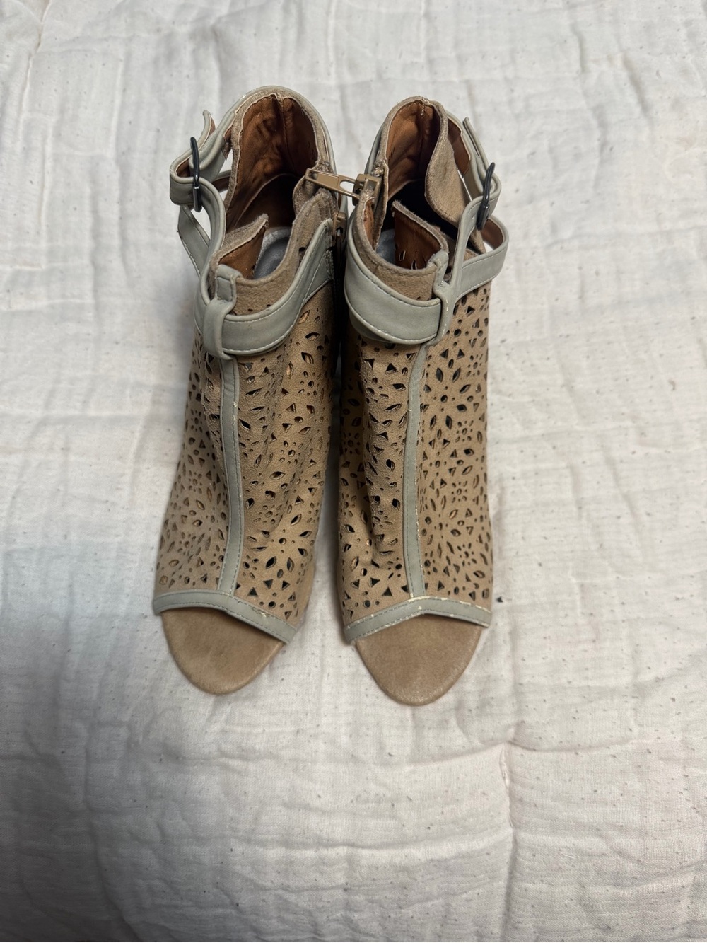 BKE Taupe Laser-Cut Peep-Toe Ankle Heels